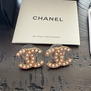 CHANEL Gold and White Pearl Earrings